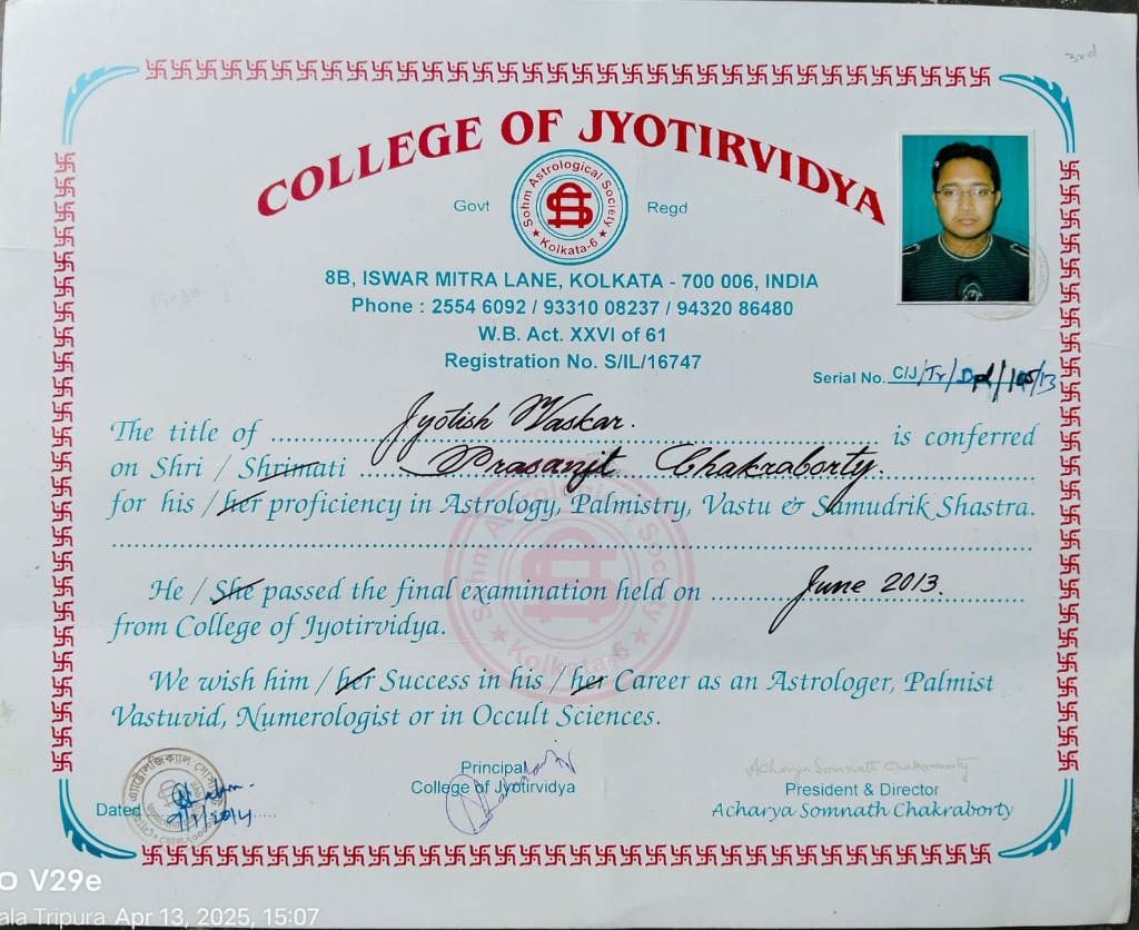 College of Jyotirvidya Title Certificate